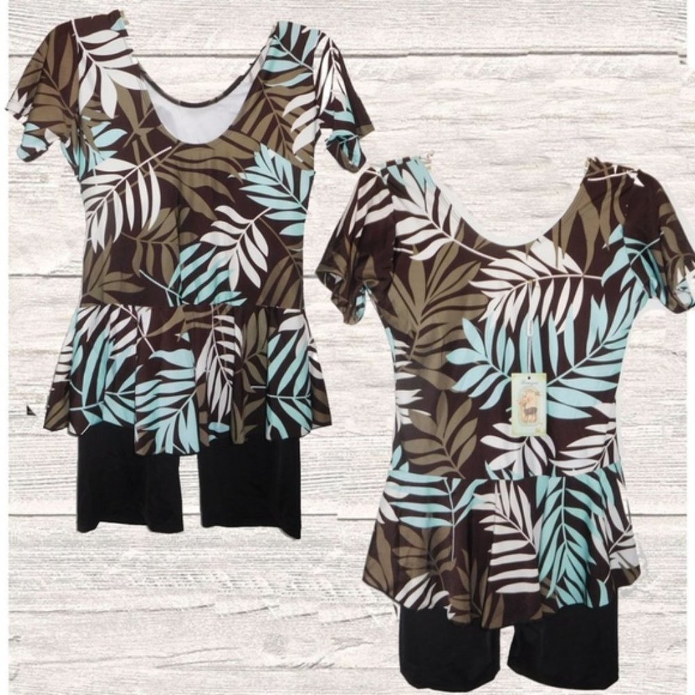 BROWN TROPICAL PRINT SHORT SLEEVE SKIRTED ONE PIECE SWIMSUIT